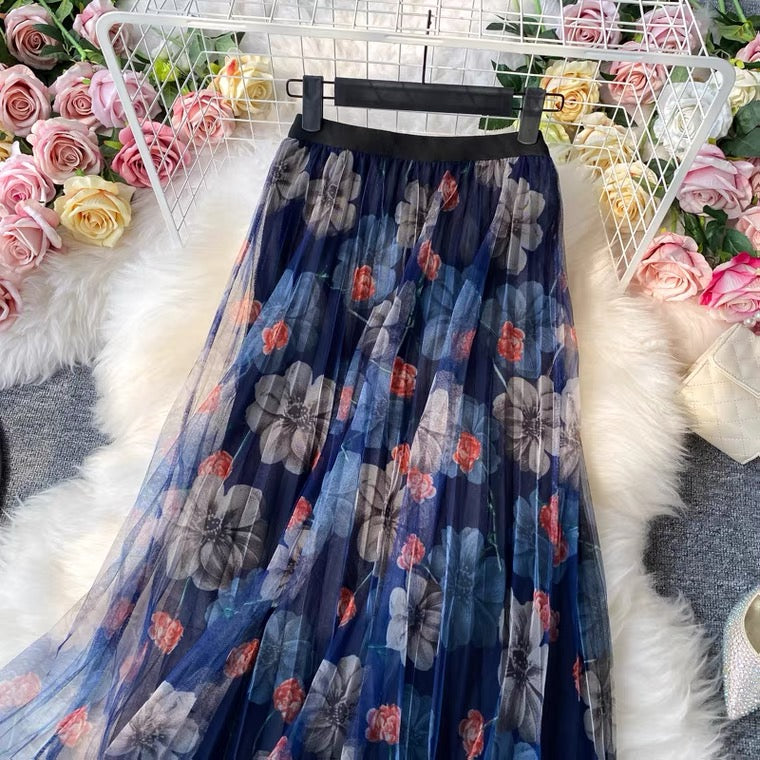 Jupe imprimée mode, jupe en gaze à taille élastique, nouveau style, jupe plissée taille haute, jupe trapèze jupe mi-longue 3523