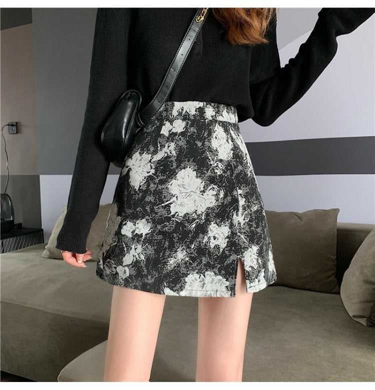 Jupe de peinture à l'huile, nouveau style, taille haute, jupe courte, jupe fesse, jupe trapèze fendue 3558