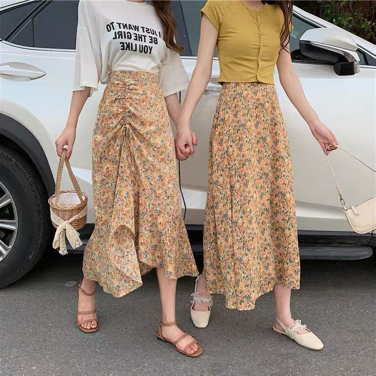 Midi floral skirt, new style, high waist, drawstring fishtail A-line skirt  3652
