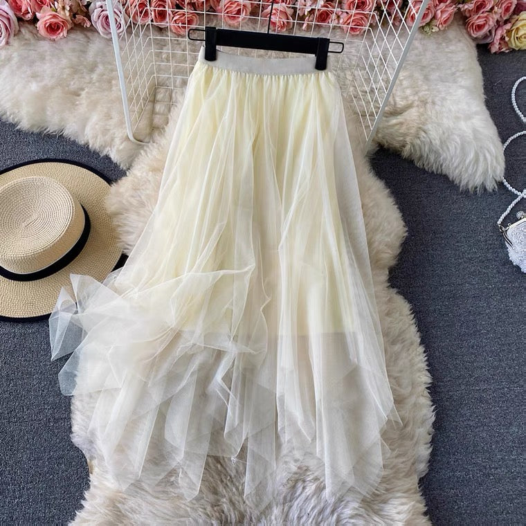 Elastic waist irregular mesh skirt, high waist medium long A-line skirt, fairy skirt shaggy skirt  3525