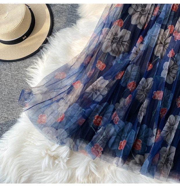 Jupe imprimée mode, jupe en gaze à taille élastique, nouveau style, jupe plissée taille haute, jupe trapèze jupe mi-longue 3523