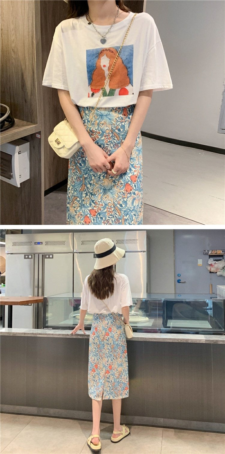 Jupe à fleurs cassées peinte à l'huile, été, jupe moulante fine, jupe midi taille haute 3555