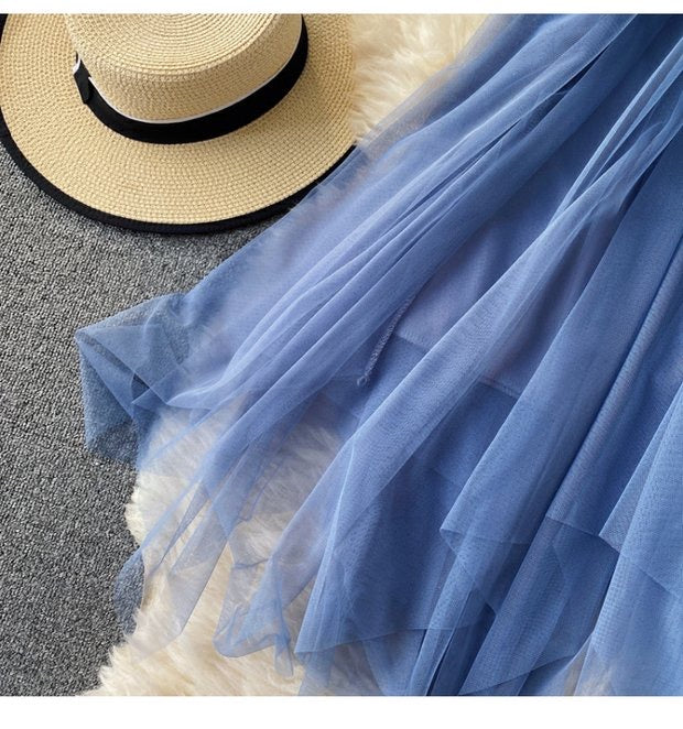 Elastic waist irregular mesh skirt, high waist medium long A-line skirt, fairy skirt shaggy skirt  3525