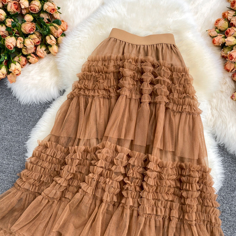 Nouveau style, taille haute, couleur unie, ourlet irrégulier, jupe pompeuse à épissure en maille, jupe ample trapèze 3527