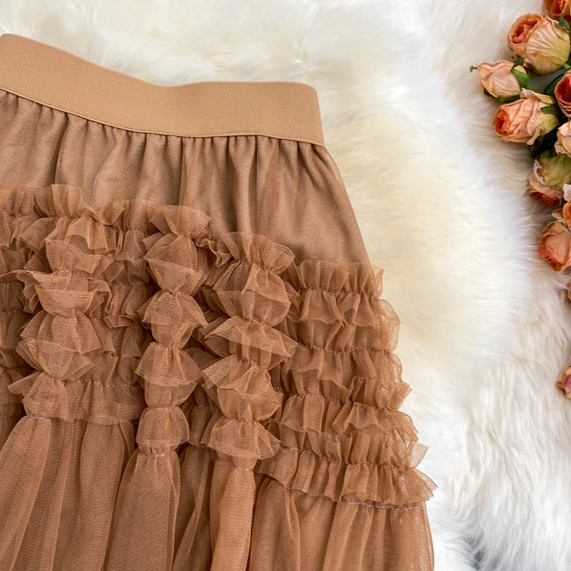 Nouveau style, taille haute, couleur unie, ourlet irrégulier, jupe pompeuse à épissure en maille, jupe ample trapèze 3527