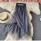 Elastic waist irregular mesh skirt, high waist medium long A-line skirt, fairy skirt shaggy skirt  3525