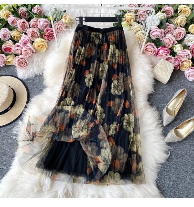 Jupe imprimée mode, jupe en gaze à taille élastique, nouveau style, jupe plissée taille haute, jupe trapèze jupe mi-longue 3523