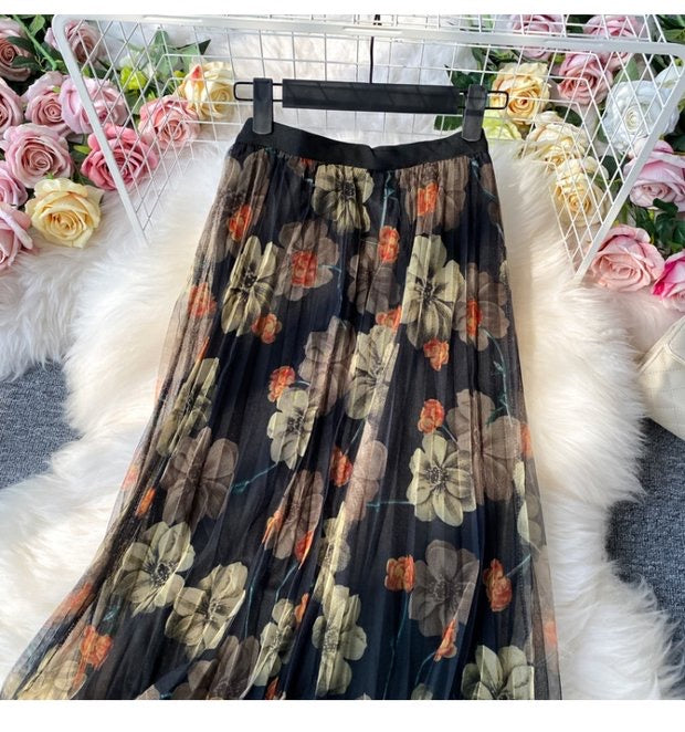 Jupe imprimée mode, jupe en gaze à taille élastique, nouveau style, jupe plissée taille haute, jupe trapèze jupe mi-longue 3523