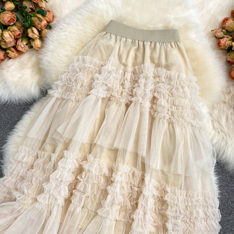 Nouveau style, taille haute, couleur unie, ourlet irrégulier, jupe pompeuse à épissure en maille, jupe ample trapèze 3527