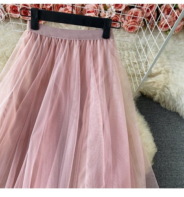 Elastic waist irregular mesh skirt, high waist medium long A-line skirt, fairy skirt shaggy skirt  3525